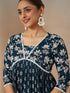 Janasya Women's Teal Blue Pure Cotton Floral Printed A-line Kurta Set